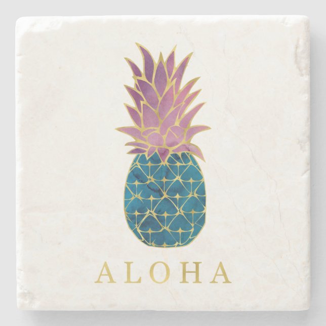 Faux Gold with Blue and Purple Pineapple Aloha Stone Coaster (Front)