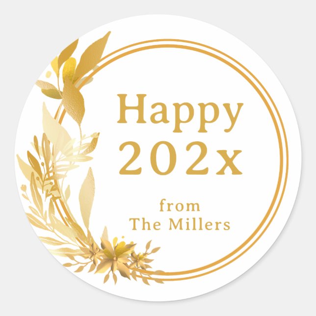Faux Gold Wreath Happy Year From Family Classic Round Sticker (Front)