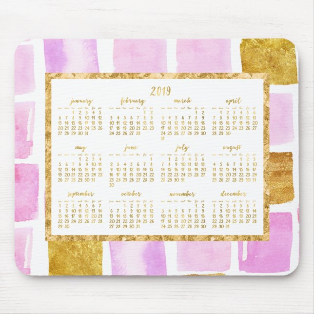 Faux Gold Yearly 2019 Calendar Mouse Pads Pink (Front)