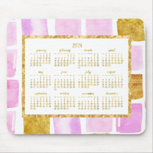 Faux Gold Yearly 2024 Calendar Mouse Pads Pink