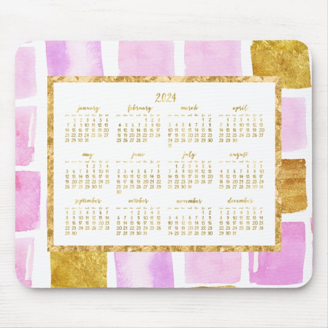 Faux Gold Yearly 2024 Calendar Mouse Pads Pink (Front)