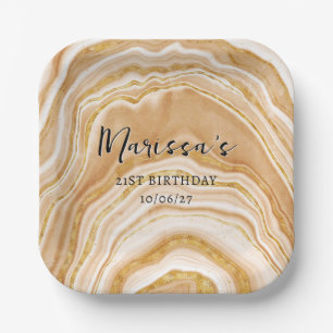 Faux Golden Agate 21st Birthday Paper Plate