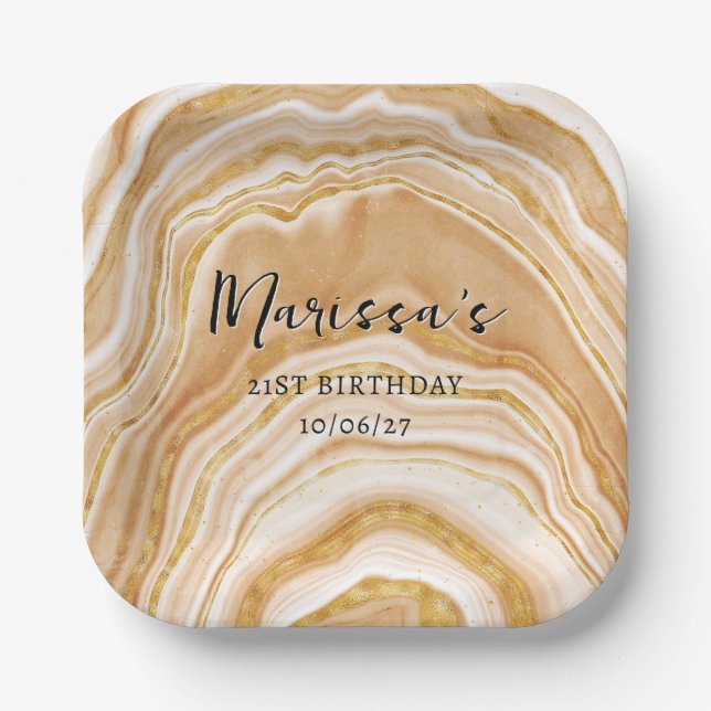Faux Golden Agate 21st Birthday Paper Plate (Front)