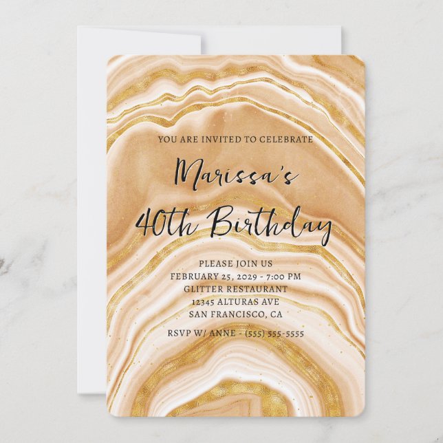 Faux Golden Agate 40th Birthday Photo Invitation (Front)