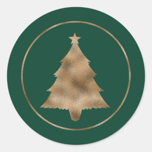Faux Golden Foil Christmas Tree Shape On Green Classic Round Sticker