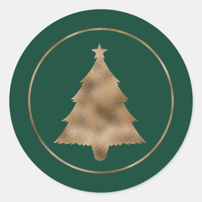 Faux Golden Foil Christmas Tree Shape On Green Classic Round Sticker (Front)