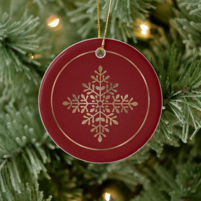 Faux Golden Foil Snowflake On Red (Not Real Foil) Ceramic Ornament (Tree)