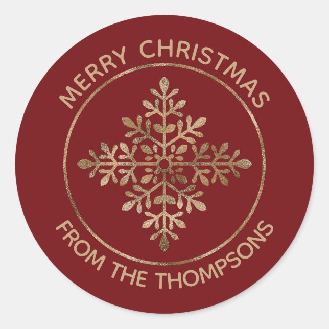Faux Golden Foil Snowflake On Red (Not Real Foil) Classic Round Sticker (Front)
