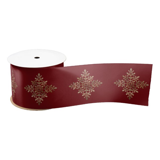 Faux Golden Foil Snowflake On Red (Not Real Foil) Satin Ribbon (Spool)