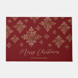 Faux Golden Foil Snowflakes On Red (Not Real Foil) Doormat