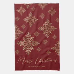 Faux Golden Foil Snowflakes On Red (Not Real Foil) Kitchen Towel