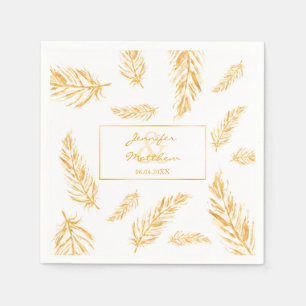 Faux Golden Yellow Feathers & Wedding Couple Names Napkin