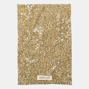Faux Golden Yellow Glitter Texture Look & Name Kitchen Towel