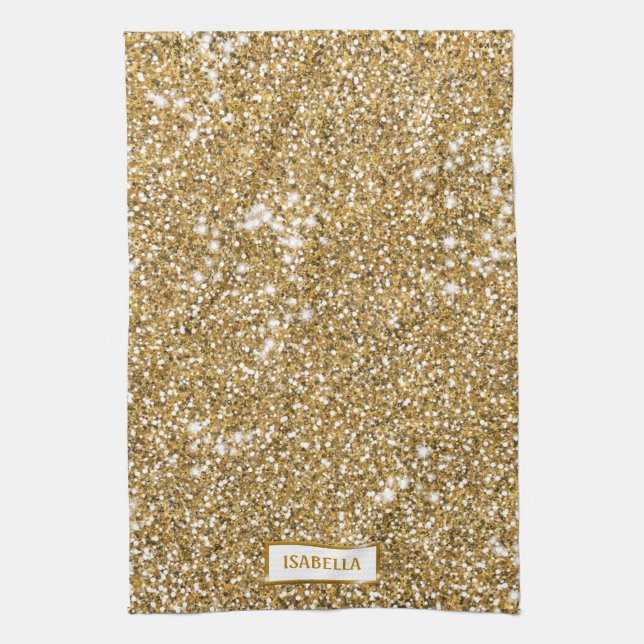 Faux Golden Yellow Glitter Texture Look & Name Kitchen Towel (Vertical)