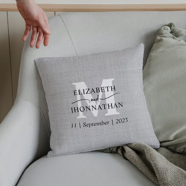 Faux Gray Linen Wedding Monogram Rustic Keepsake Throw Pillow (Creator Uploaded)