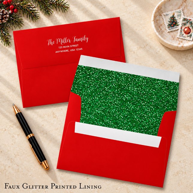 Faux Green Glitter Red Envelope (Faux green glitter printed lining in red Christmas envelopes,  FREE return address on the back )