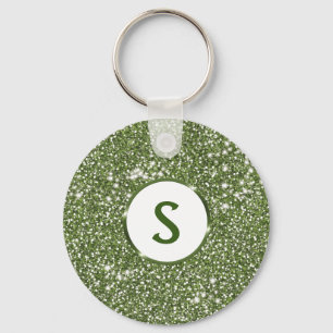 Faux Green Glitter Texture And Custom Monogram Keychain