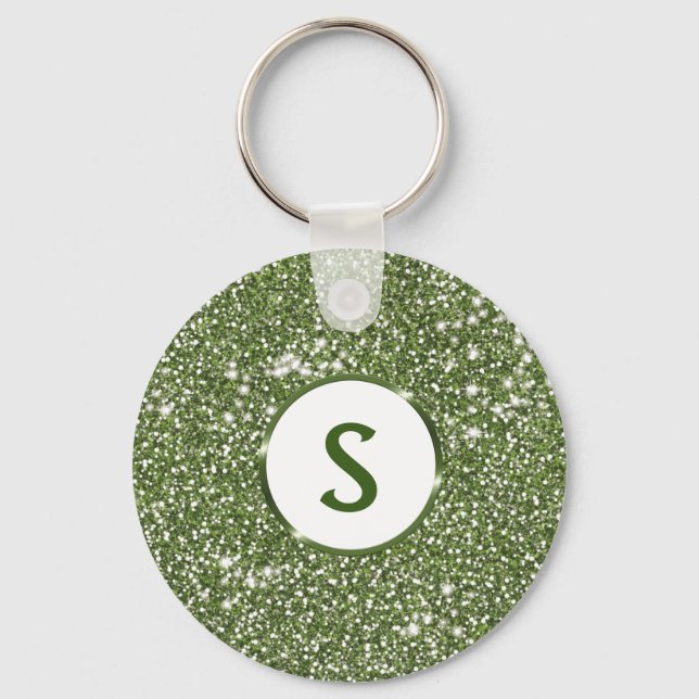 Faux Green Glitter Texture And Custom Monogram Keychain (Front)