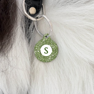 Faux Green Glitter Texture And Custom Monogram Pet Tag
