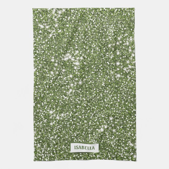 Faux Green Glitter Texture Look With Custom Name Kitchen Towel (Vertical)
