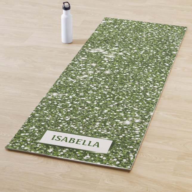 Faux Green Glitter Texture Look With Custom Name Yoga Mat (In Situ)