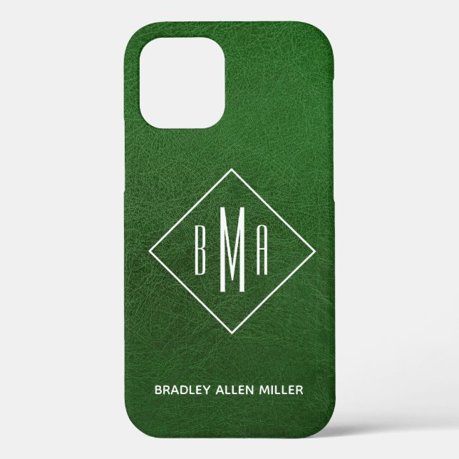 Faux Green Leather White Monogram Personalized Case-Mate iPhone Case (Back)