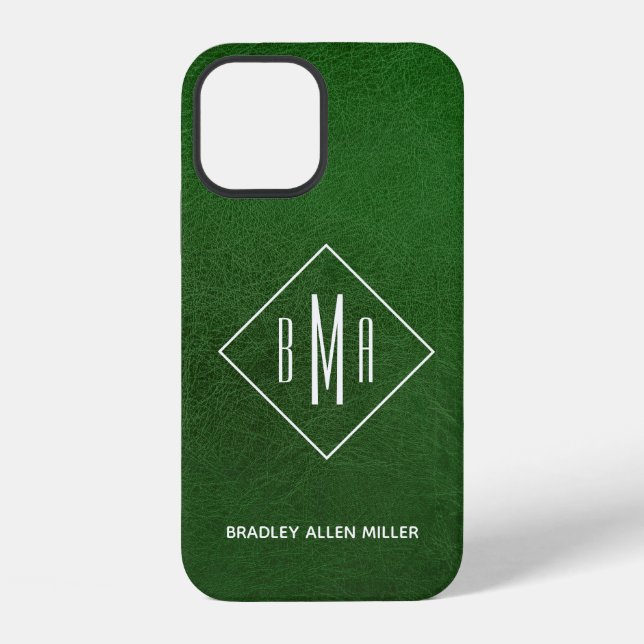 Faux Green Leather White Monogram Personalized iPhone Case (Back)