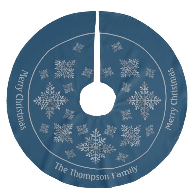 Faux Grey Foil Snowflakes On Blue (Not Real Foil) Brushed Polyester Tree Skirt (Front)