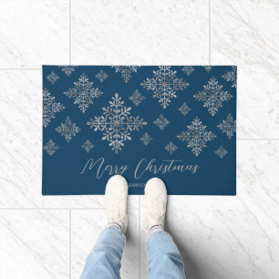 Faux Grey Foil Snowflakes On Blue (Not Real Foil) Doormat