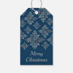 Faux Grey Foil Snowflakes On Blue (Not Real Foil) Gift Tags