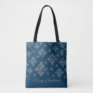 Faux Grey Foil Snowflakes On Blue (Not Real Foil) Tote Bag