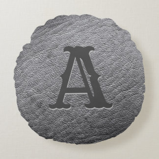 Faux Grey Leather Monogram Embossed Round Pillow