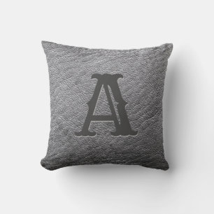 Faux Grey Leather Monogram Embossed Throw Pillow