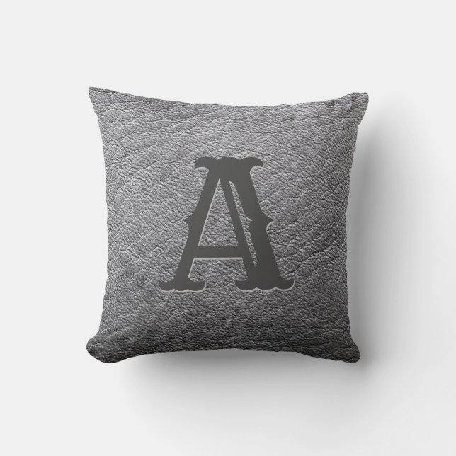Faux Grey Leather Monogram Embossed Throw Pillow (Front)
