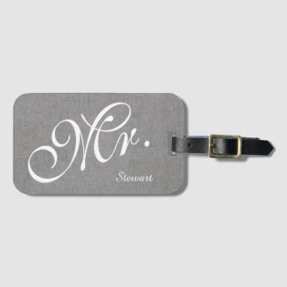 Faux Grey Linen Newlywed Mr. Husband Groom Wedding Luggage Tag
