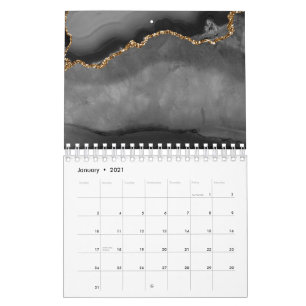Faux Grey Marbled Agate Golden Glitter Black Stone Calendar