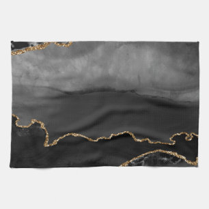 Faux Grey Marbled Agate Golden Glitter Black Stone Kitchen Towel