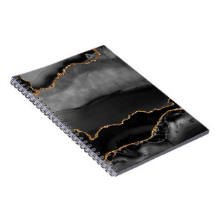 Faux Grey Marbled Agate Golden Glitter Black Stone Notebook