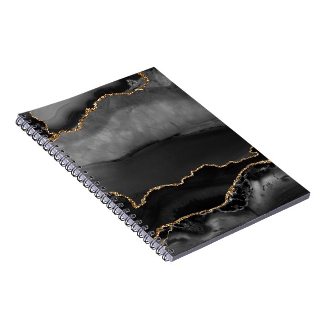 Faux Grey Marbled Agate Golden Glitter Black Stone Notebook (Right Side)