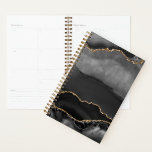 Faux Grey Marbled Agate Golden Glitter Black Stone Planner