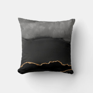 Faux Grey Marbled Agate Golden Glitter Black Stone Throw Pillow