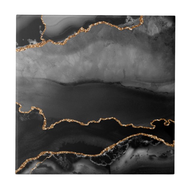 Faux Grey Marbled Agate Golden Glitter Black Stone Tile (Front)