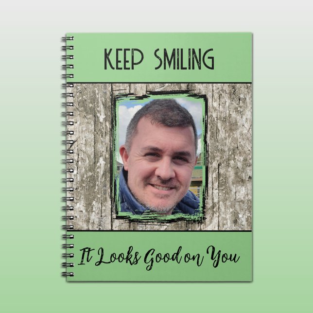 Faux grey wood effect keep smiling photo green notebook (Creator Uploaded)