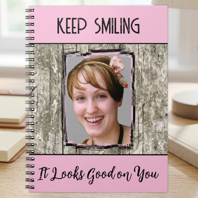 Faux grey wood effect keep smiling photo pink notebook (Creator Uploaded)