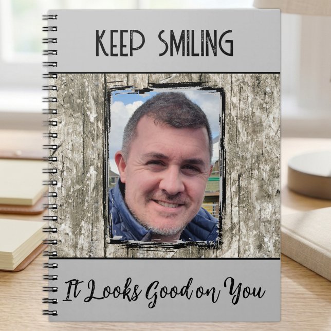 Faux grey wood effect keep smiling photo silver notebook (Creator Uploaded)