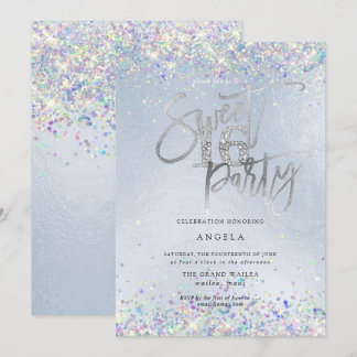 Faux Hologram Sweet 16 Studded Diamond Dusty Blue Invitation