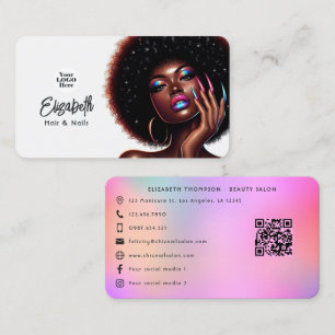 Faux Holographic Afro Queen Hair and Nails Salon Business Card