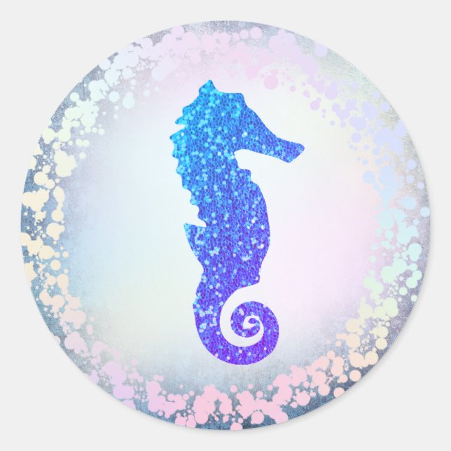 faux holographic blue seahorse logo classic round sticker (Front)