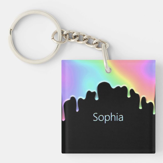 Faux Holographic Colourful Modern Rainbow Drops Keychain (Front)