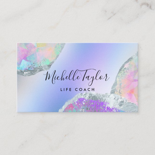 faux holographic iridescent opal stone elegant bus business card (Front)